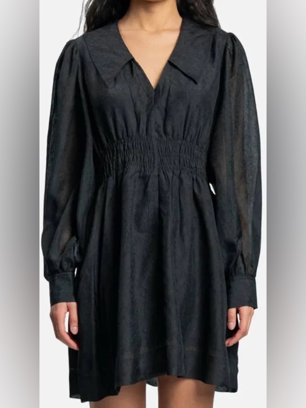 Ganni Black Long Sleeve Smocked-Waist Dress